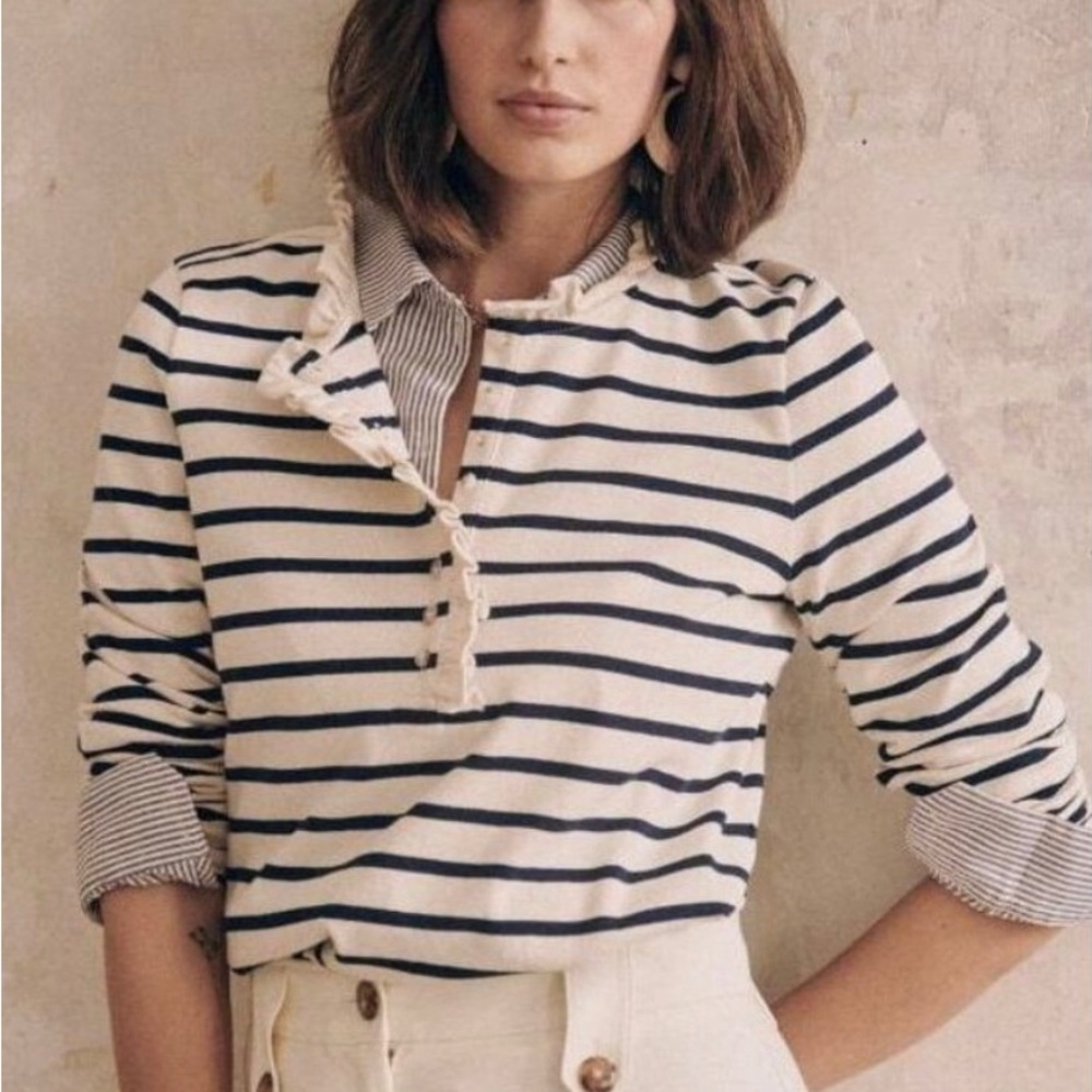 Sezane Cream and Navy Striped Ruffle Henley Top